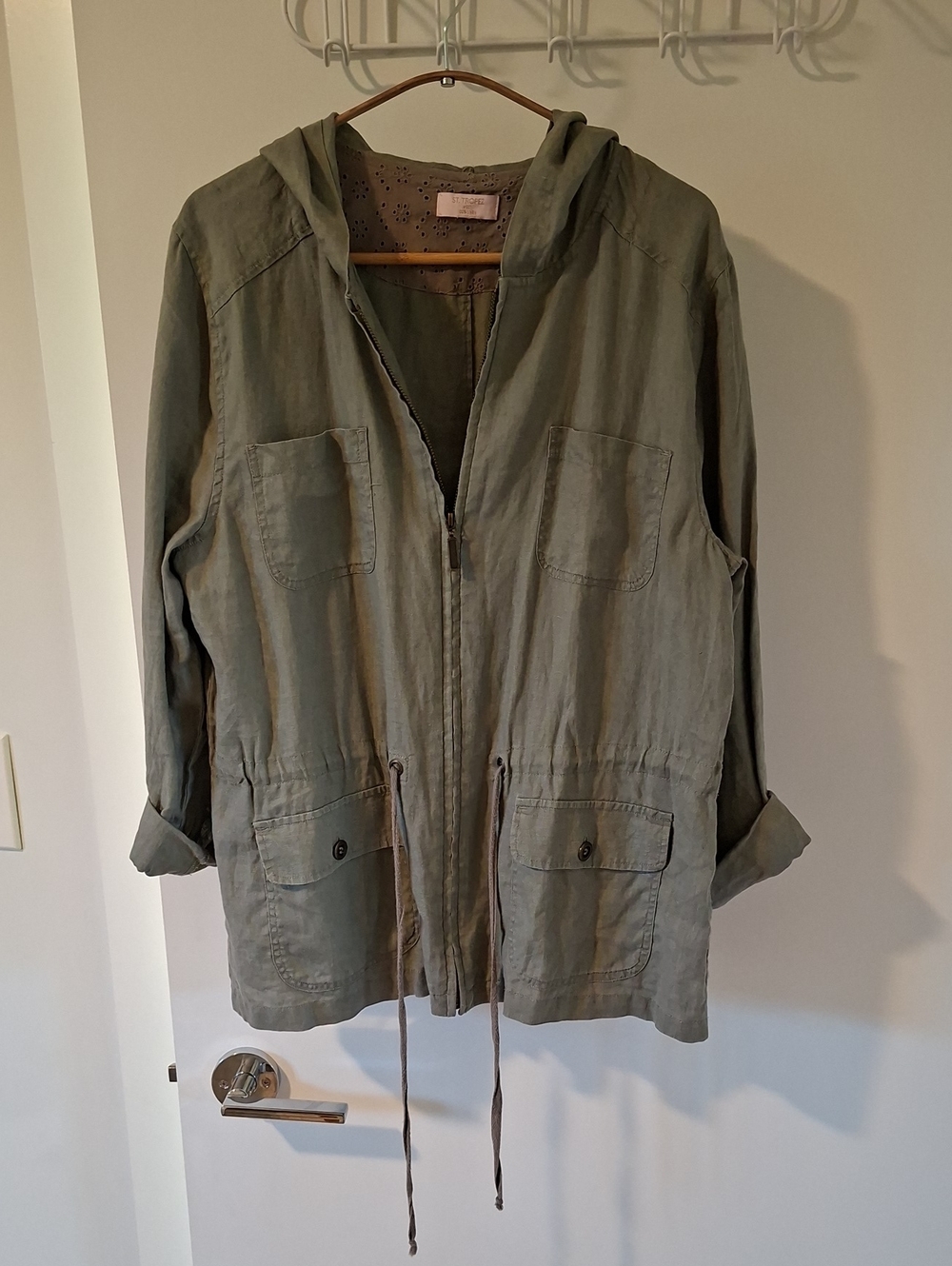 Saint Tropez Luxury Olive/Khaki 100% Linen Tie-Waist Field/Cargo Coat (US M)